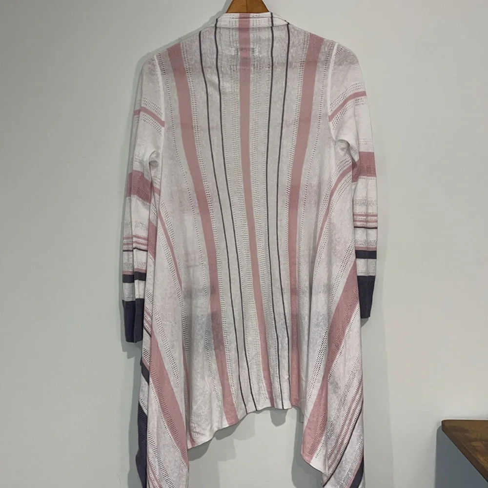 RACHEL ZOE Linen Knit Waterfall Open Wrap Cardigan Pink Gray White Eyelet - Picture 8 of 8